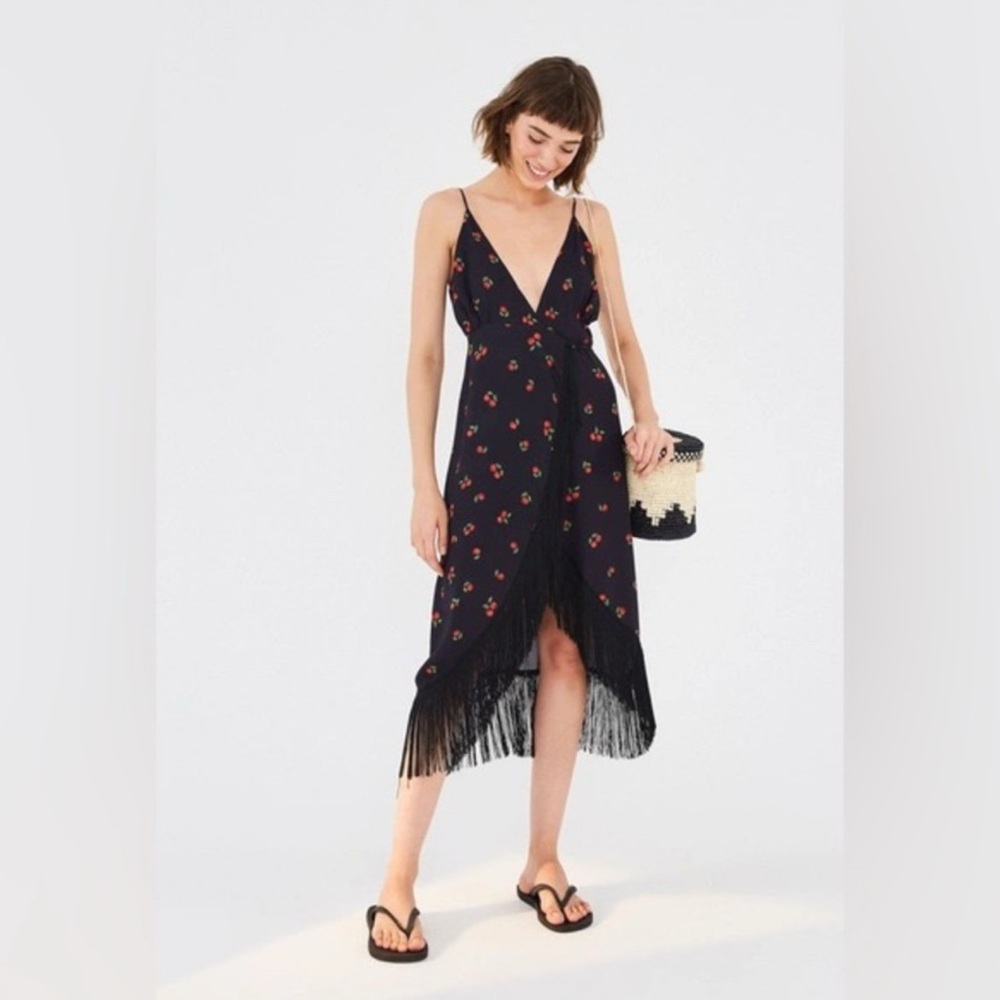 FARM Rio Floral Black Pitanga Fringe Dress
